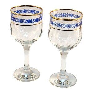 Steamed Wine Glasses Blue Floral Diamond & Gold Rim Design, Swirl Glass